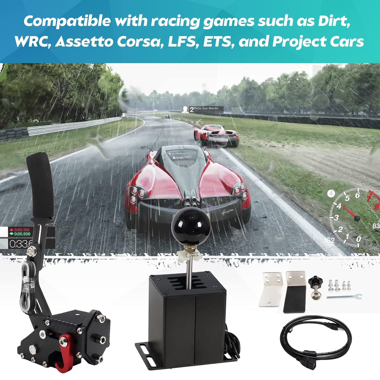 Dexepe PC USB Simulator Shifter 64 Bit Handbrake with Clamp L Shape Lever Kit Compatible with ATS ETS Dust WRC Sim Racing Games Compatible with G29 G27 G25 G920 T300RS/GT Steering Wheel Sequential H Gear Shifter 6+R Black PC System only