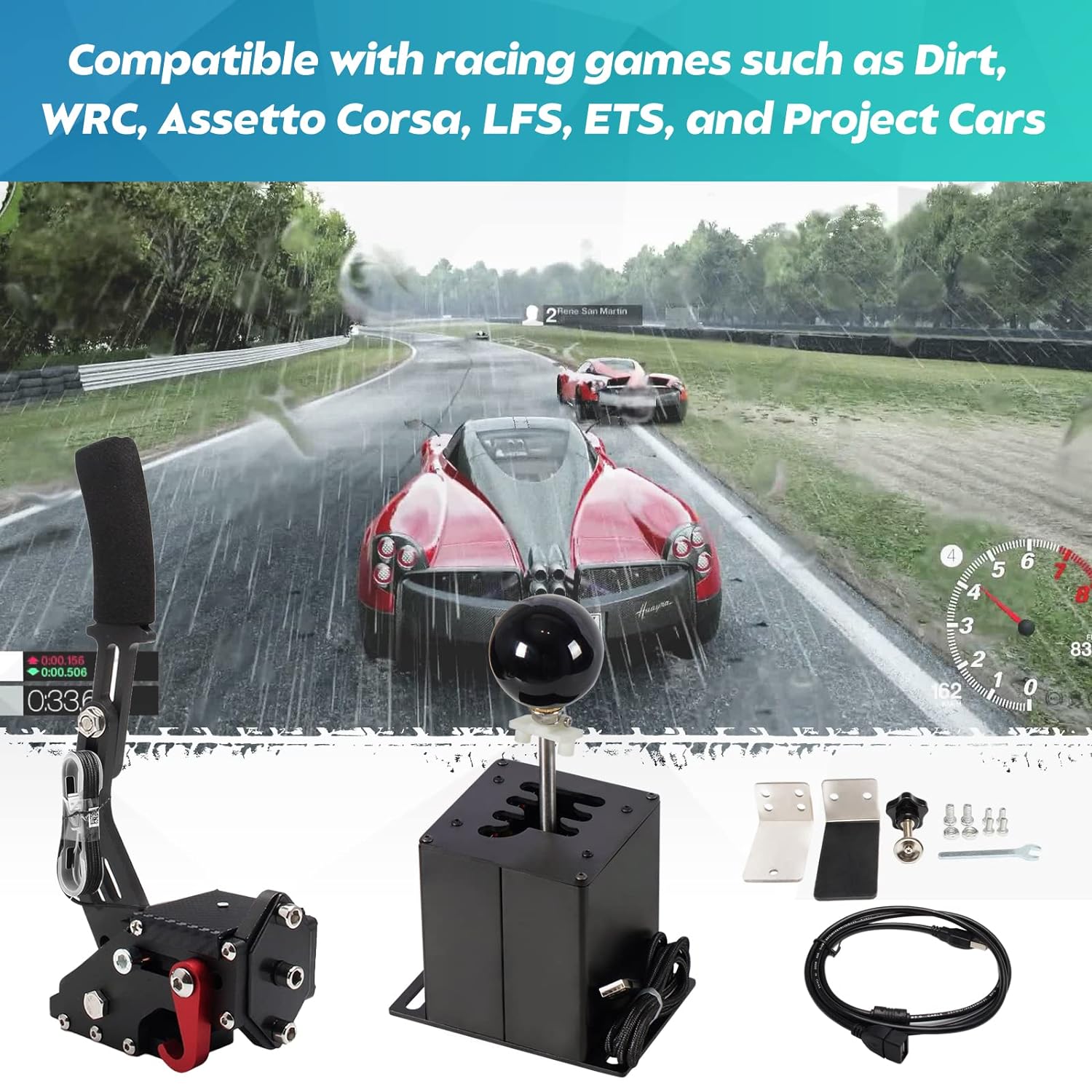 Dexepe PC USB Simulator Shifter 64 Bit Handbrake with Clamp L Shape Lever Kit Compatible with ATS ETS Dust WRC Sim Racing Games Compatible with G29 G27 G25 G920 T300RS/GT Steering Wheel Sequential H Gear Shifter 6+R Black PC System only