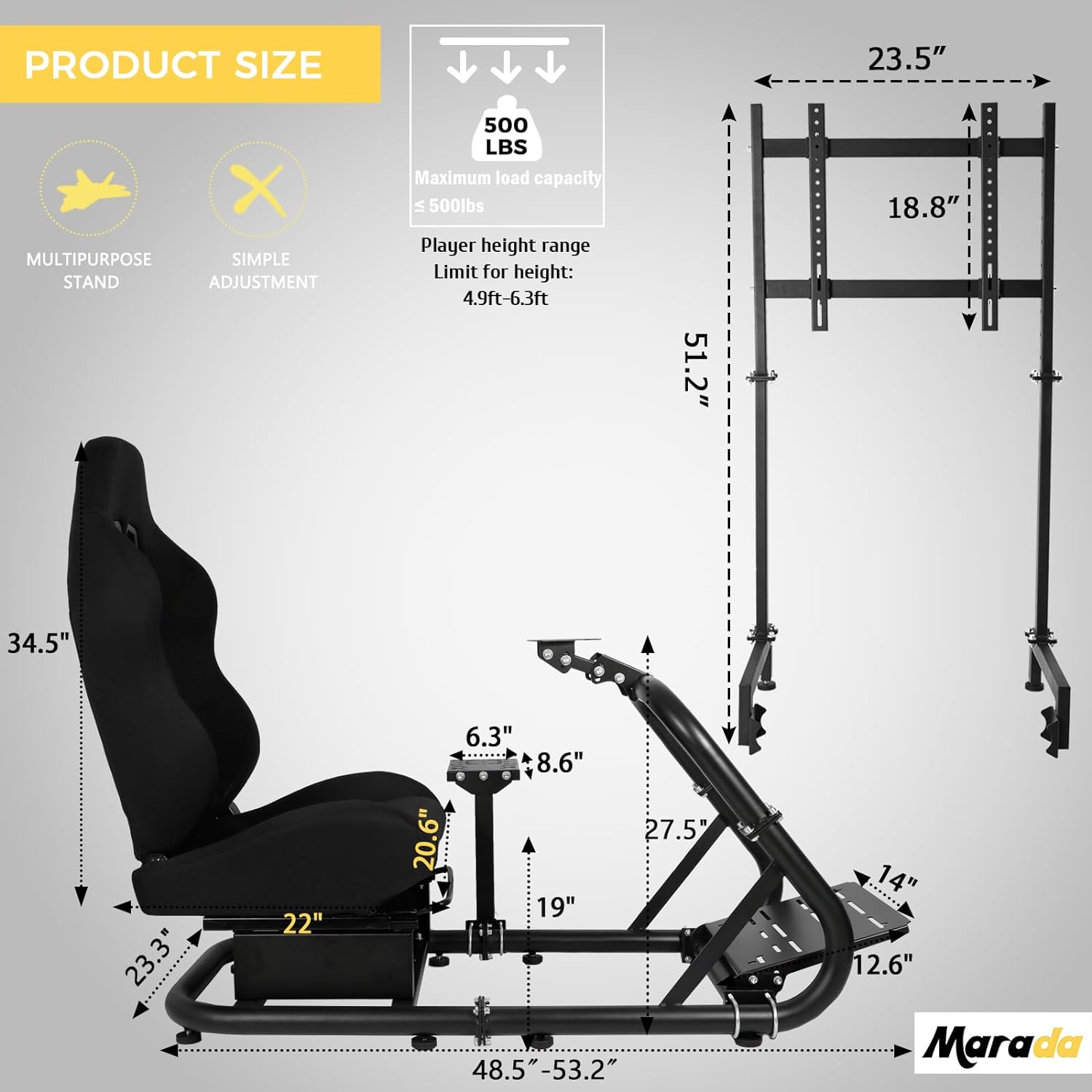 Marada Sim Racing Cockpit Wheel Stand Adjustable Aluminum Fit for Thrustmaster T80,T150,T248X,TX,T300RS,Fanatec，Moza,Fit for Logitech G29,G920,G923,PXN Racing Frame with Seat