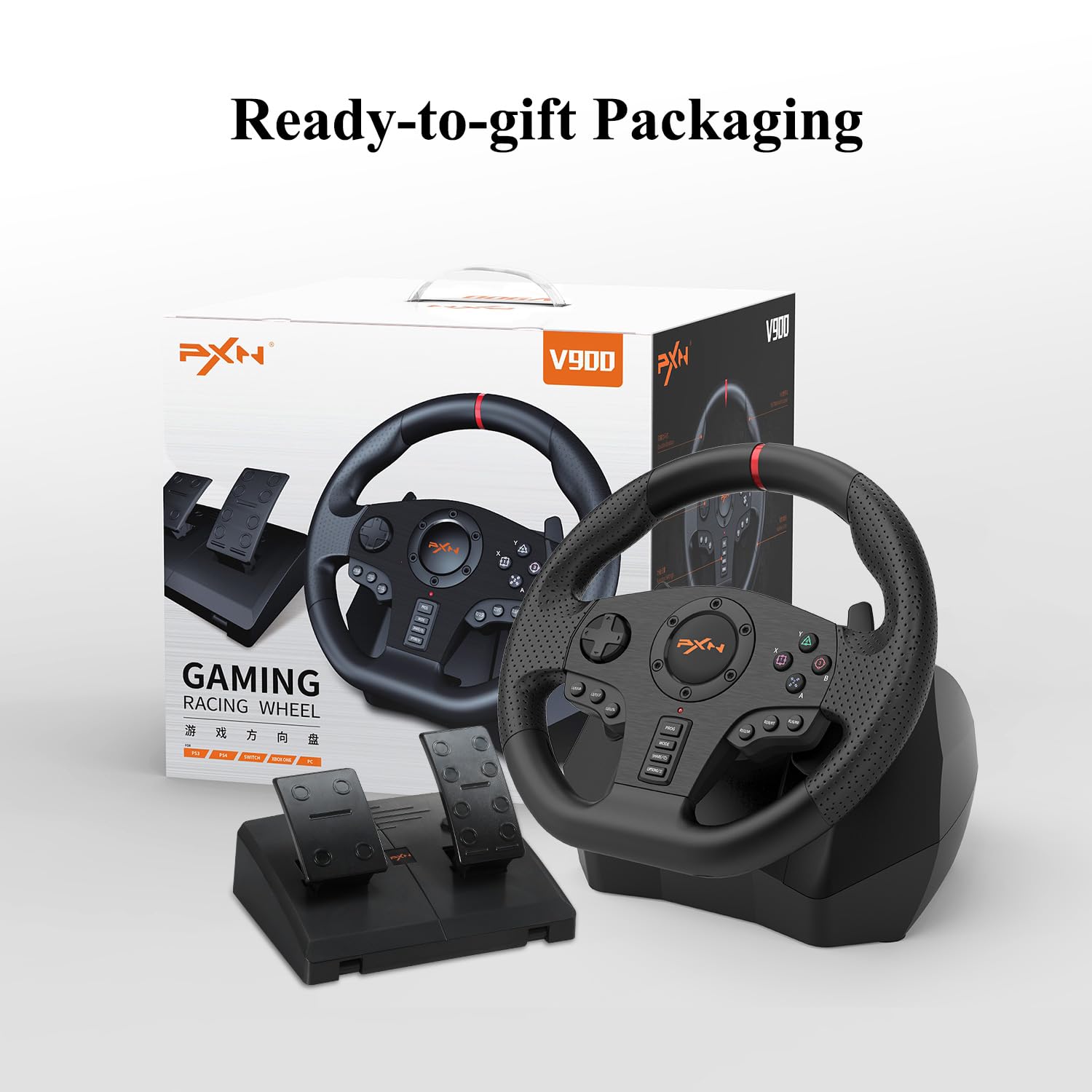 PXN PC Racing Wheel, V900 Universal Usb Car Sim 270/900 degree Race Steering Wheel with Pedals for PS3, PS4, Xbox One, Xbox Series X/S, Switch, Android TV