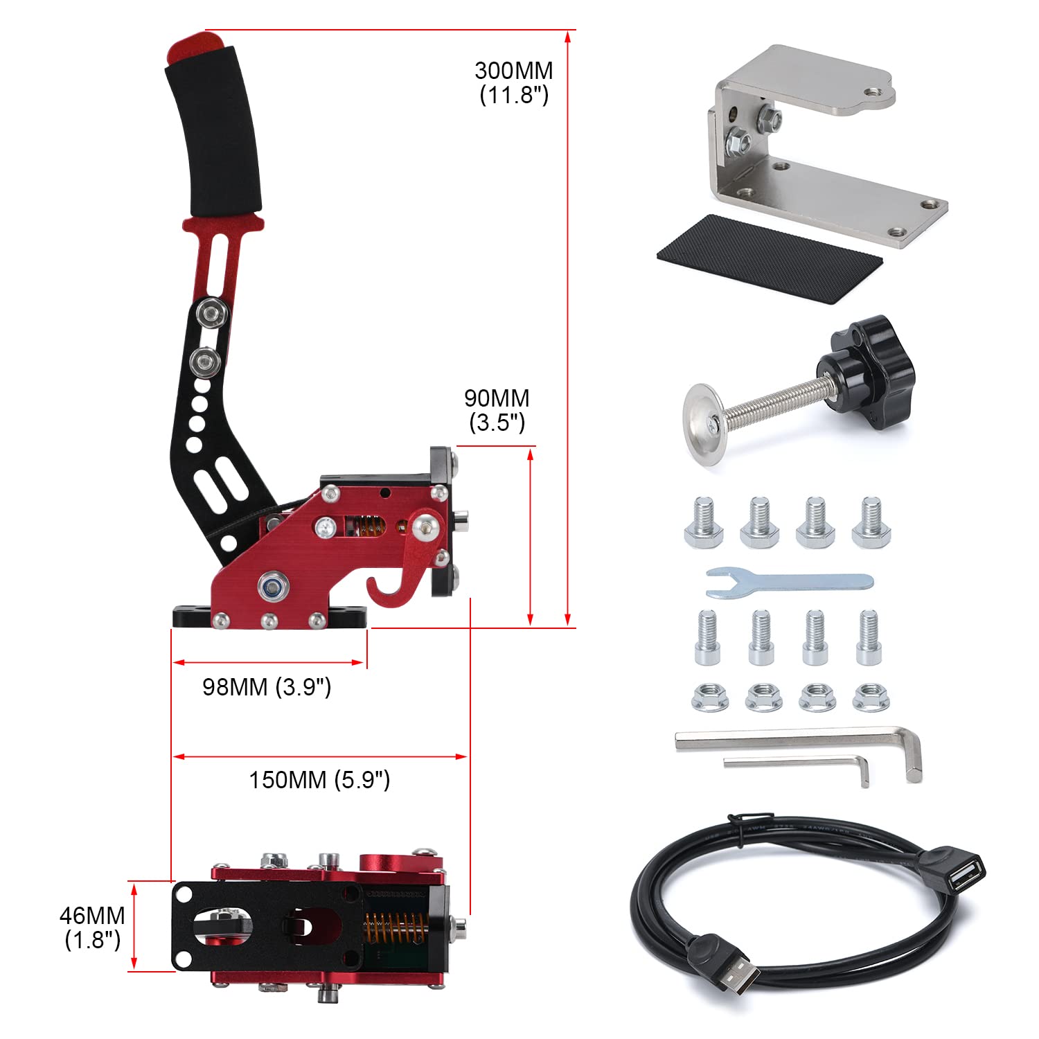 64-Bit PC USB Handbrake for SIM Auto Racing Games G25/ G27/G29 T500 Steel  Aluminum RALLY Adjustable for PC Windows PS Red with Clamp