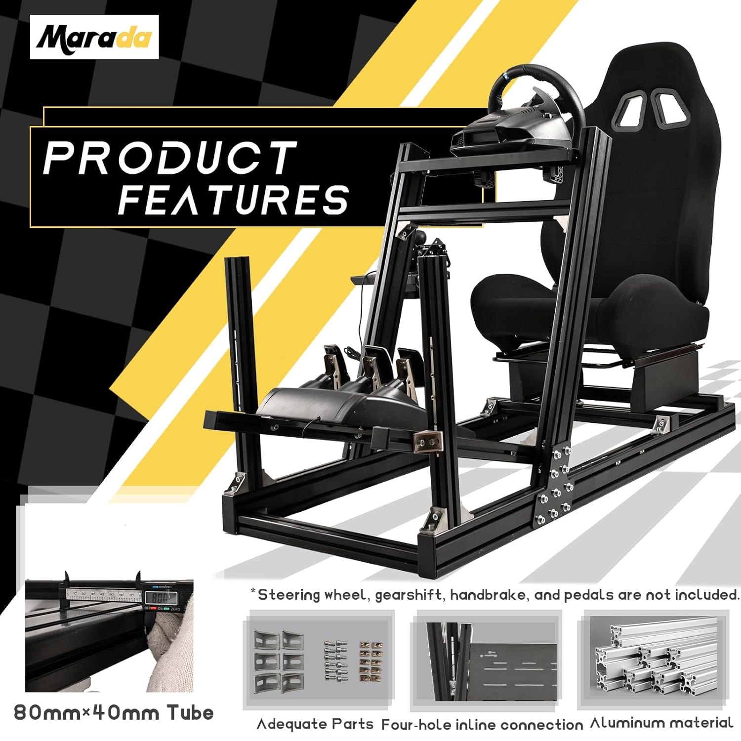 Marada Sim Racing Cockpit Wheel Stand Adjustable Aluminum Fit for Thrustmaster,Fanatec,Moza,Logitech,PXN Racing Frame with Seat