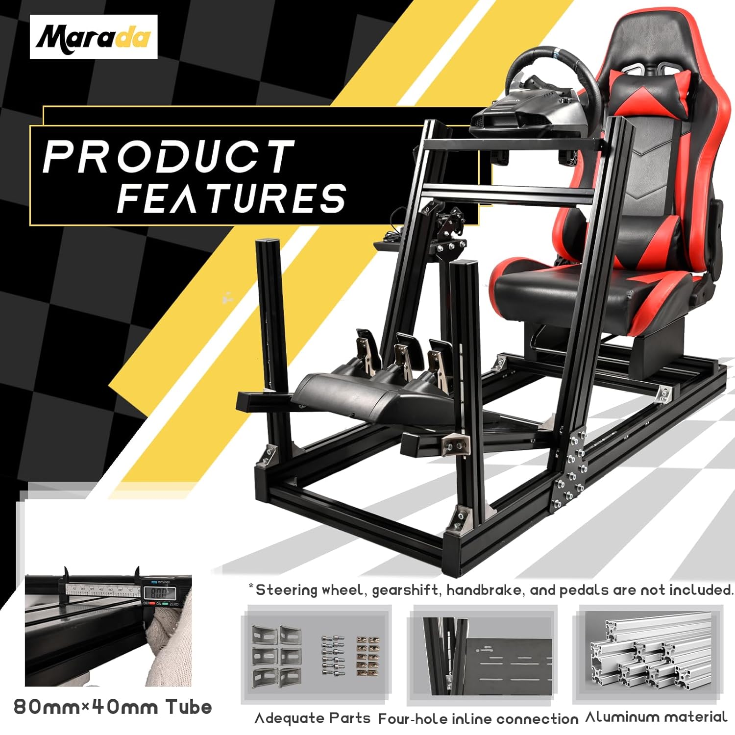 Marada Sim Racing Cockpit Wheel Stand Adjustable Aluminum Fit for Thrustmaster,Fanatec,Moza,Logitech,PXN Racing Frame with Seat