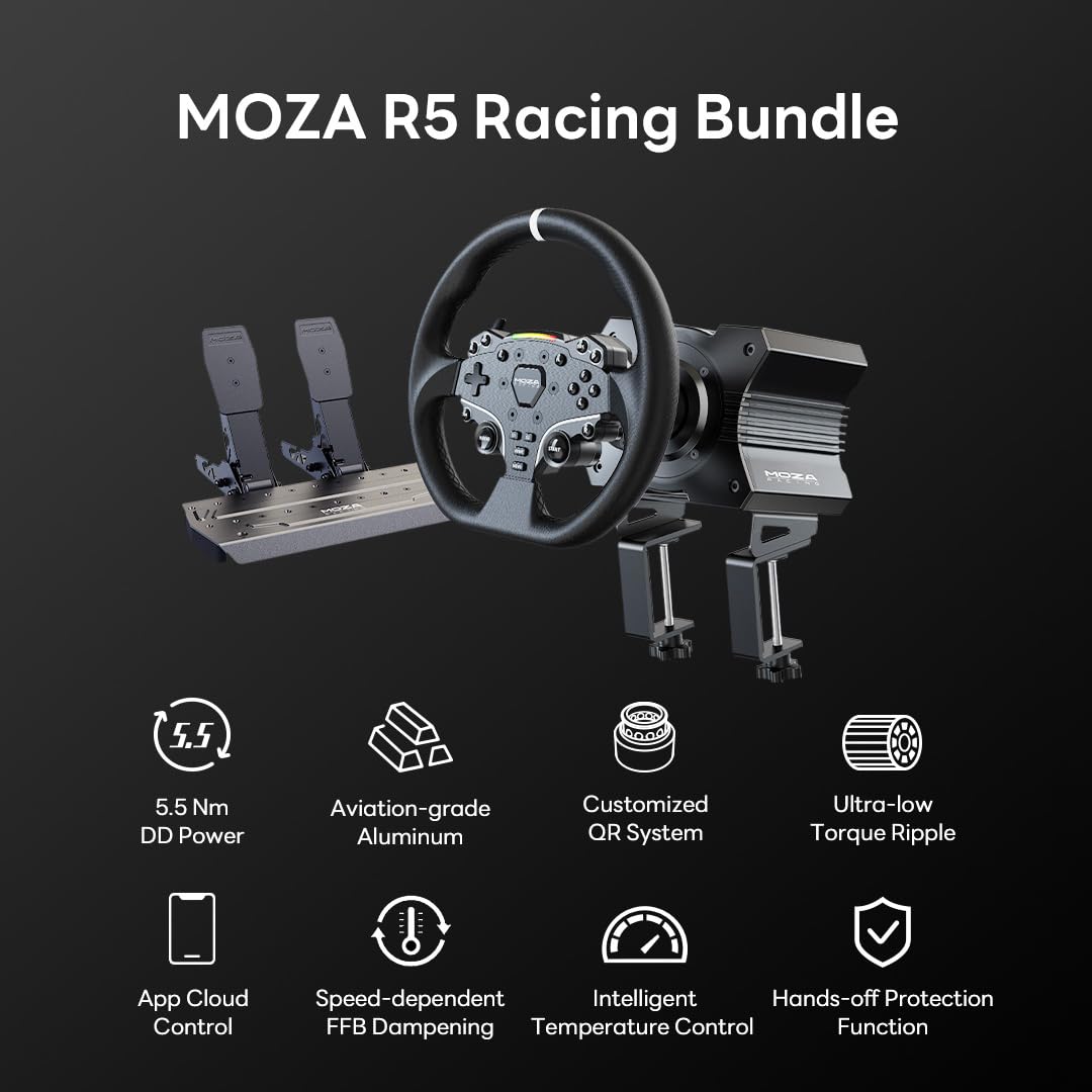 MOZA R5 All-in-One PC Gaming Racing Simulator 3PCS Bundle: 5.5Nm Direct Drive Wheel Base, 11-inch Racing Wheel, Anti-Slip Pedals and a Desk Clamp, Cloud-based App Control