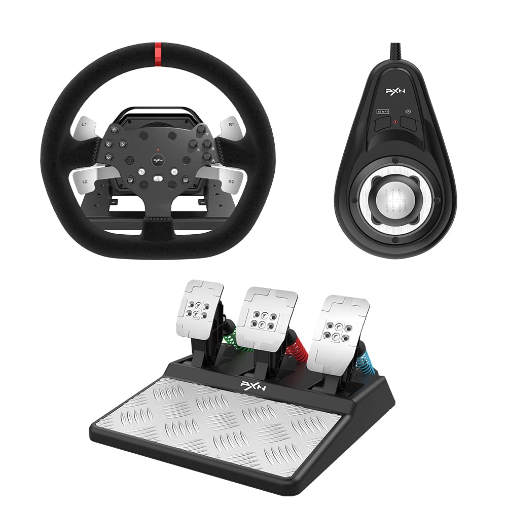 PXN V10 Force Feedback Steering Wheel Detachable Racing Wheel 270/900 Degree Race Steering Wheel with 3-Pedals and Shifter Bundle for PC, Xbox One, Xbox Series X/S, PS4
