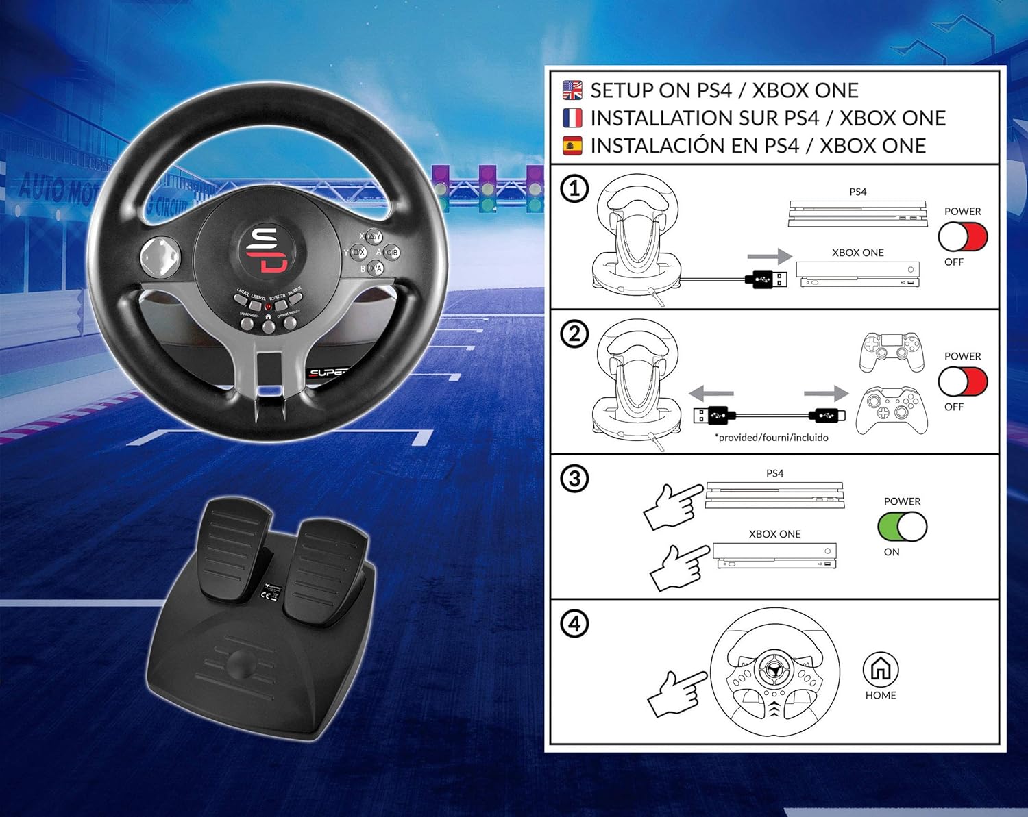 Superdrive - racing Driving Wheel with pedals and gearshift paddles for nintendo Switch - Ps4 - Xbox One - PC - Ps3