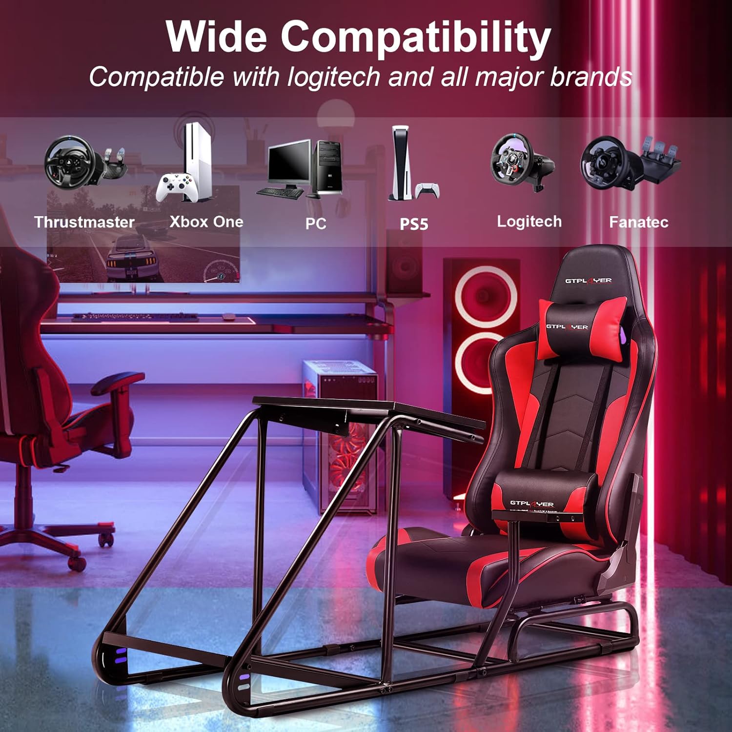 GTPLAYER Racing Simulator Cockpit with Gaming Chair and Bluetooth Speakers, Racing Style Reclining Seat and Sleigh Shape Alloy Steel Frame (Black)