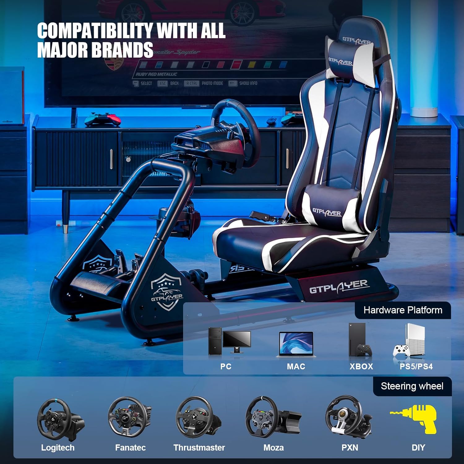 GTPLAYER Racing Simulator Cockpit with Seat and Bluetooth Speakers, Racing Style Reclining Seat and Ultra-Sturdy Alloy Steel Frame (Winered)