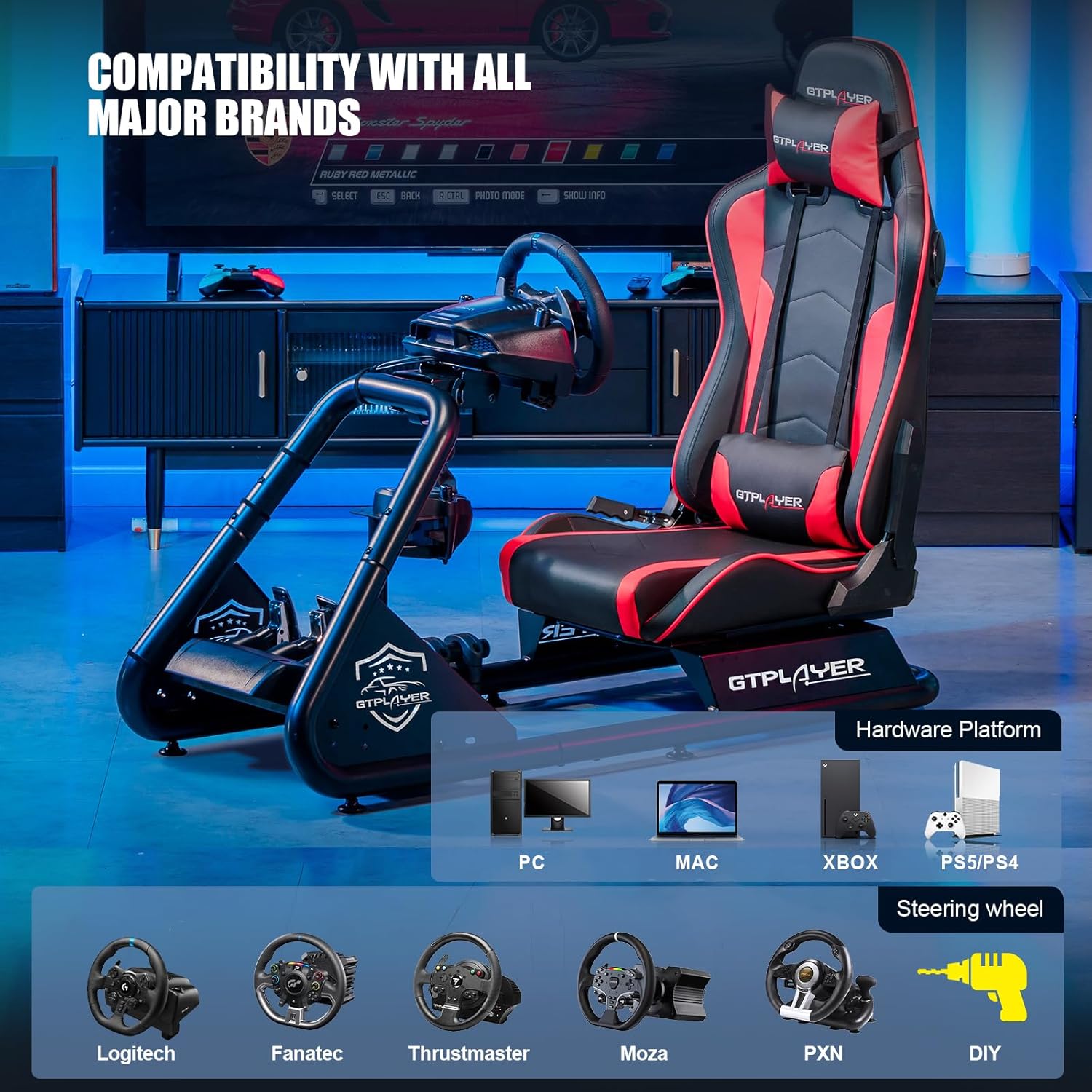 GTPLAYER Racing Simulator Cockpit with Seat and Bluetooth Speakers, Racing Style Reclining Seat and Ultra-Sturdy Alloy Steel Frame (Black)