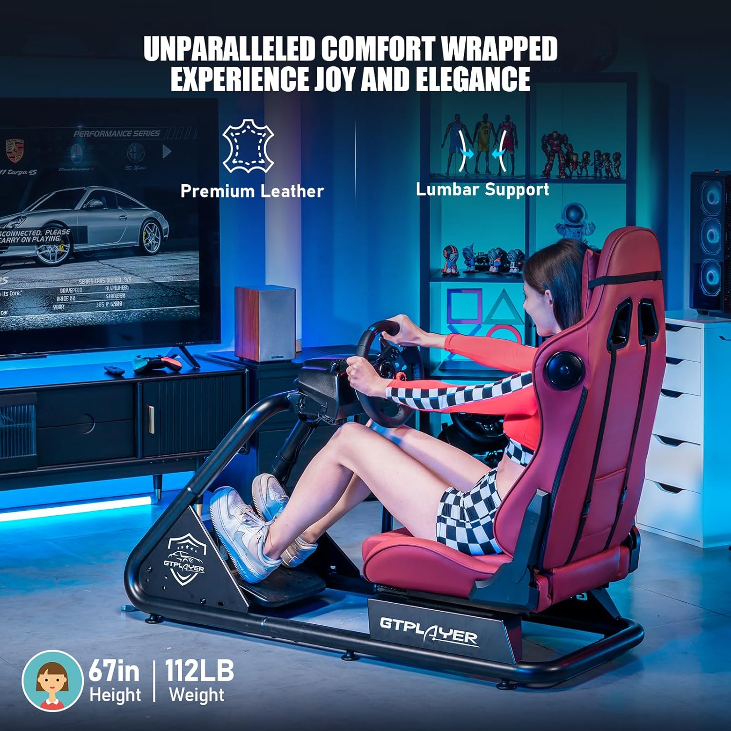 GTPLAYER Racing Simulator Cockpit with Seat and Bluetooth Speakers, Racing Style Reclining Seat and Ultra-Sturdy Alloy Steel Frame (Winered)