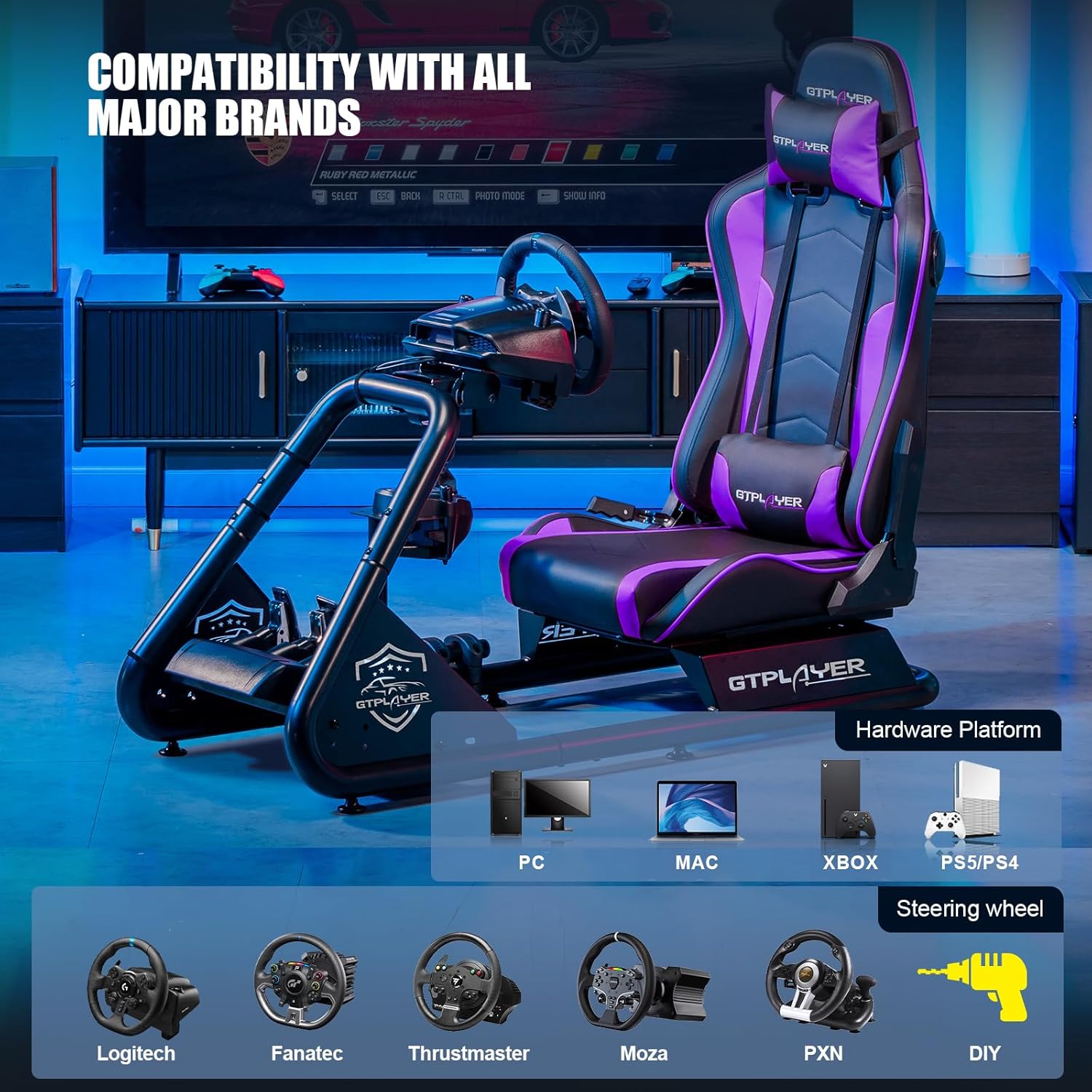 GTPLAYER Racing Simulator Cockpit with Seat and Bluetooth Speakers, Racing Style Reclining Seat and Ultra-Sturdy Alloy Steel Frame (Red)