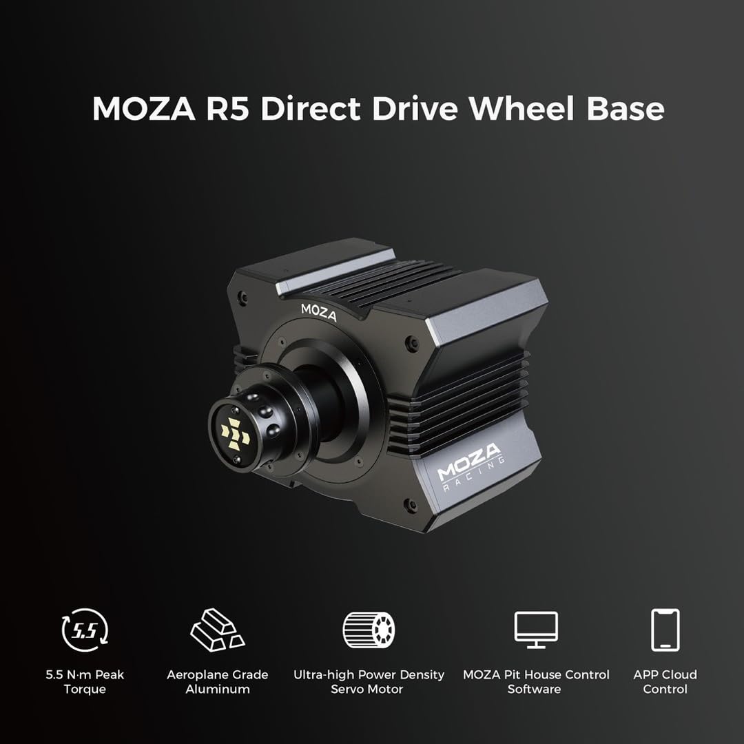 MOZA R5 All-in-One PC Gaming Racing Simulator 3PCS Bundle: 5.5Nm Direct Drive Wheel Base, 11-inch Racing Wheel, Anti-Slip Pedals and a Desk Clamp, Cloud-based App Control