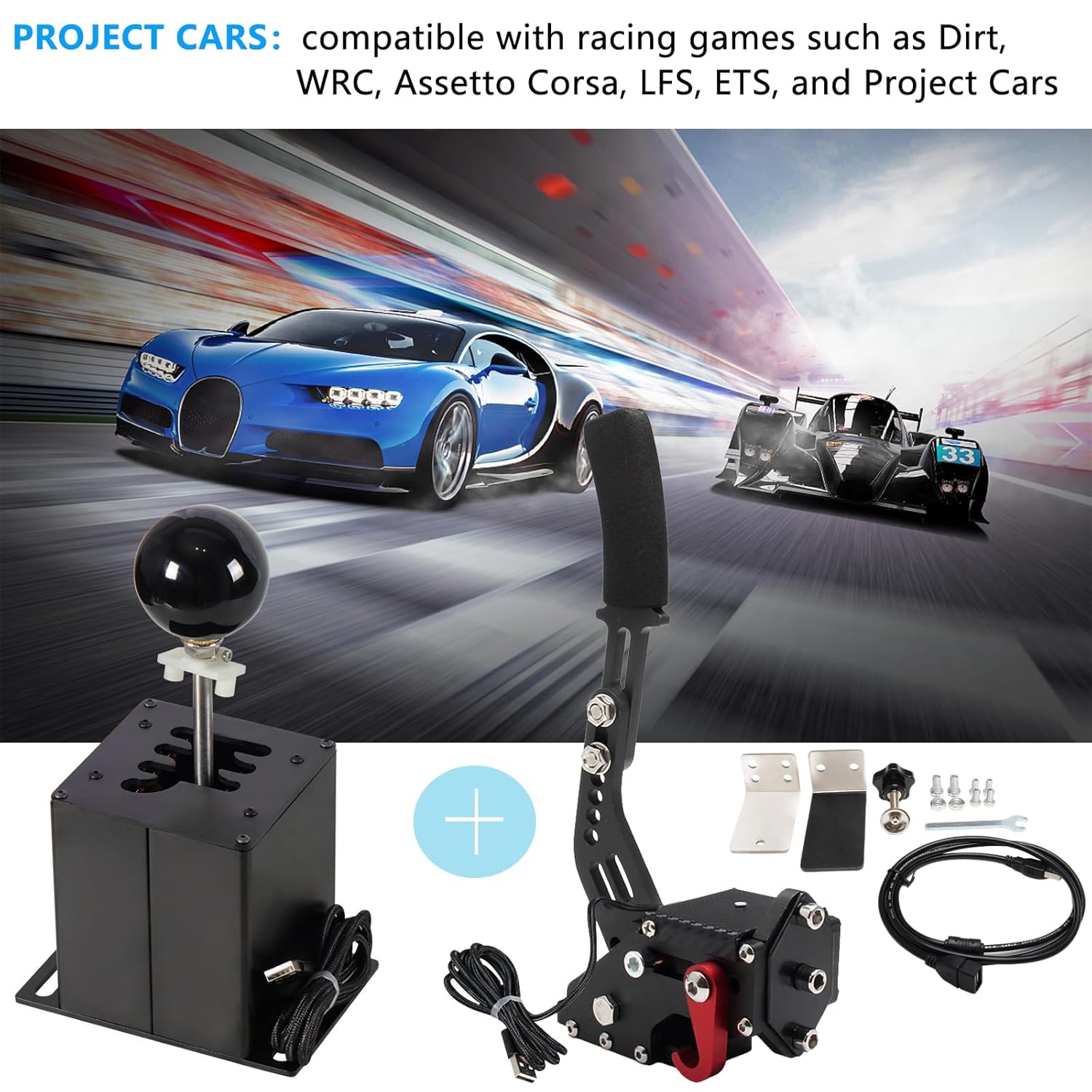 PC USB Simulator Shifter 64 Bit Handbrake with Clamp Compatible with G29 G27 G25 G920 T300RS/GT Steering Wheel Sequential H Gear Shifter Compatible with ATS ETS Dust WRC Sim Racing Games 6+R Black