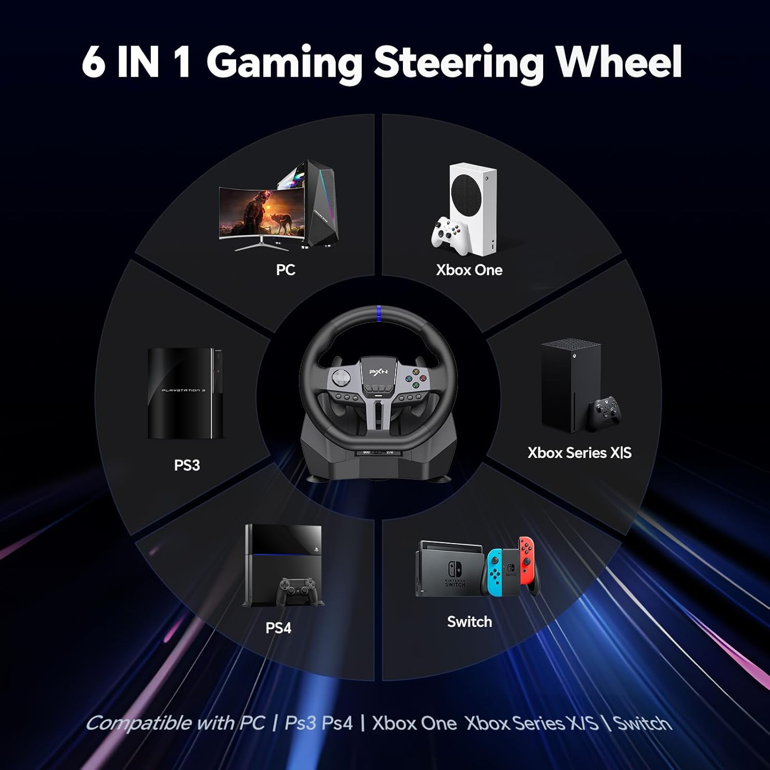 PXN PC Steering Wheel, V9 GEN2 Universal Usb Car Sim 270/900 Degree Race Steering Wheel with 3-Pedals and Shifter Bundle for PC, Xbox One, Xbox Series X/S, PS4, PS3, Switch