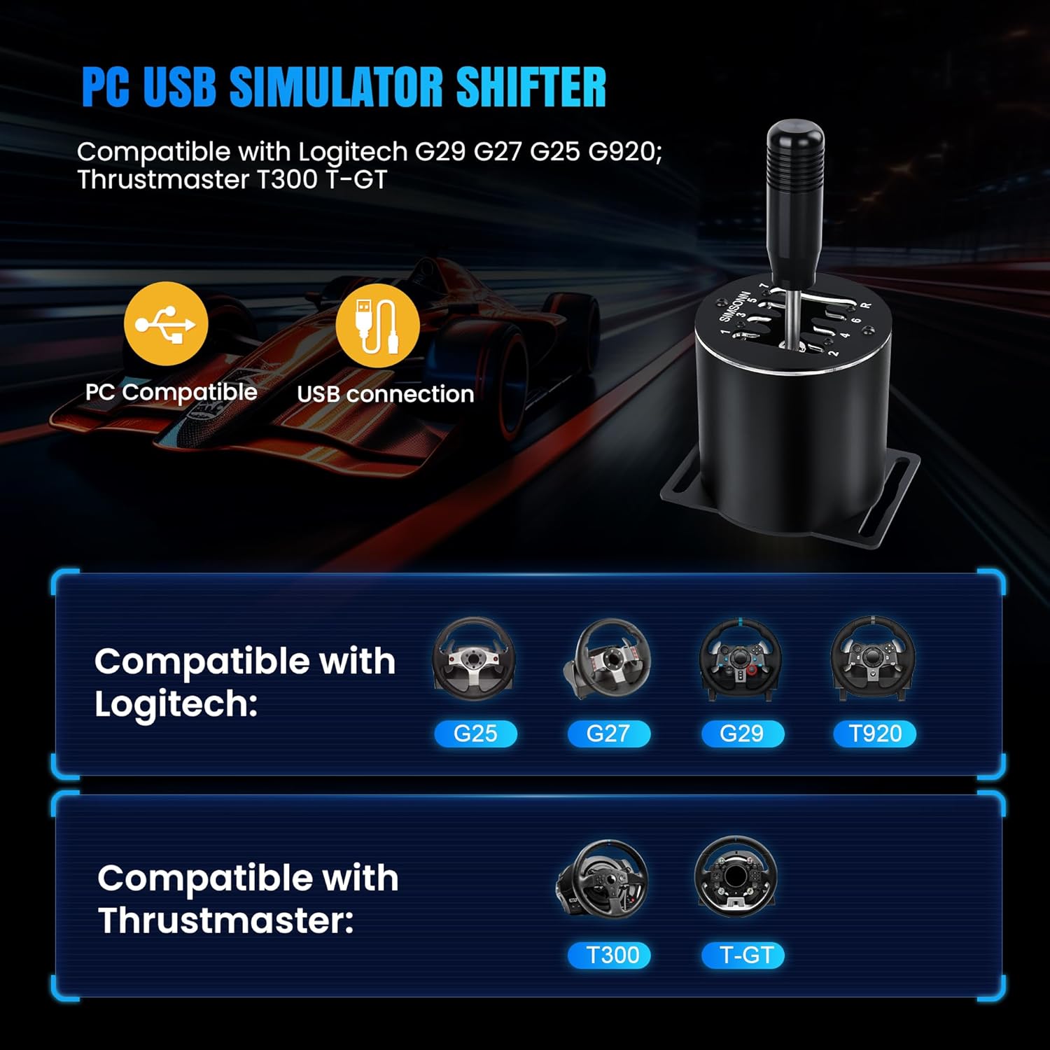 SIMSONN PC USB Simulator Shifter 6+R H Gear Shifter Compatible with Logitech G920 G27 G29 G25 T300RS/GT Steering Wheel, Design for ATS ETS Dust WRC Sim Racing Games (6+R)