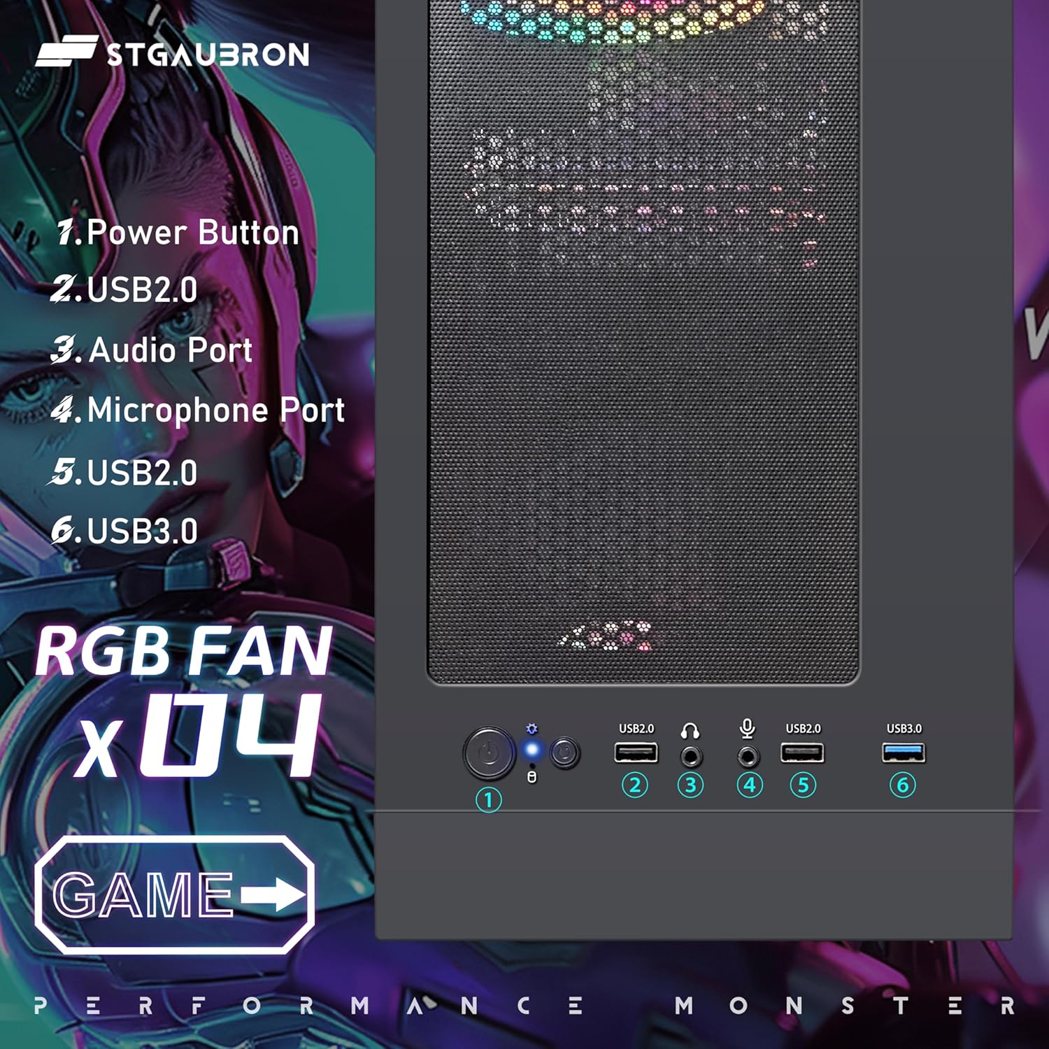 STGAubron Gaming Desktop PC, Intel Core I5 3.3Ghz up to 3.7Ghz, AMD Radeon RX 550 4G GDDR5, 16G Ram, 512G SSD, WiFi, BT 5.0, RGB Fan x 3, RGB Keybaord  Mouse, RGB Mouse Pad, W10H64