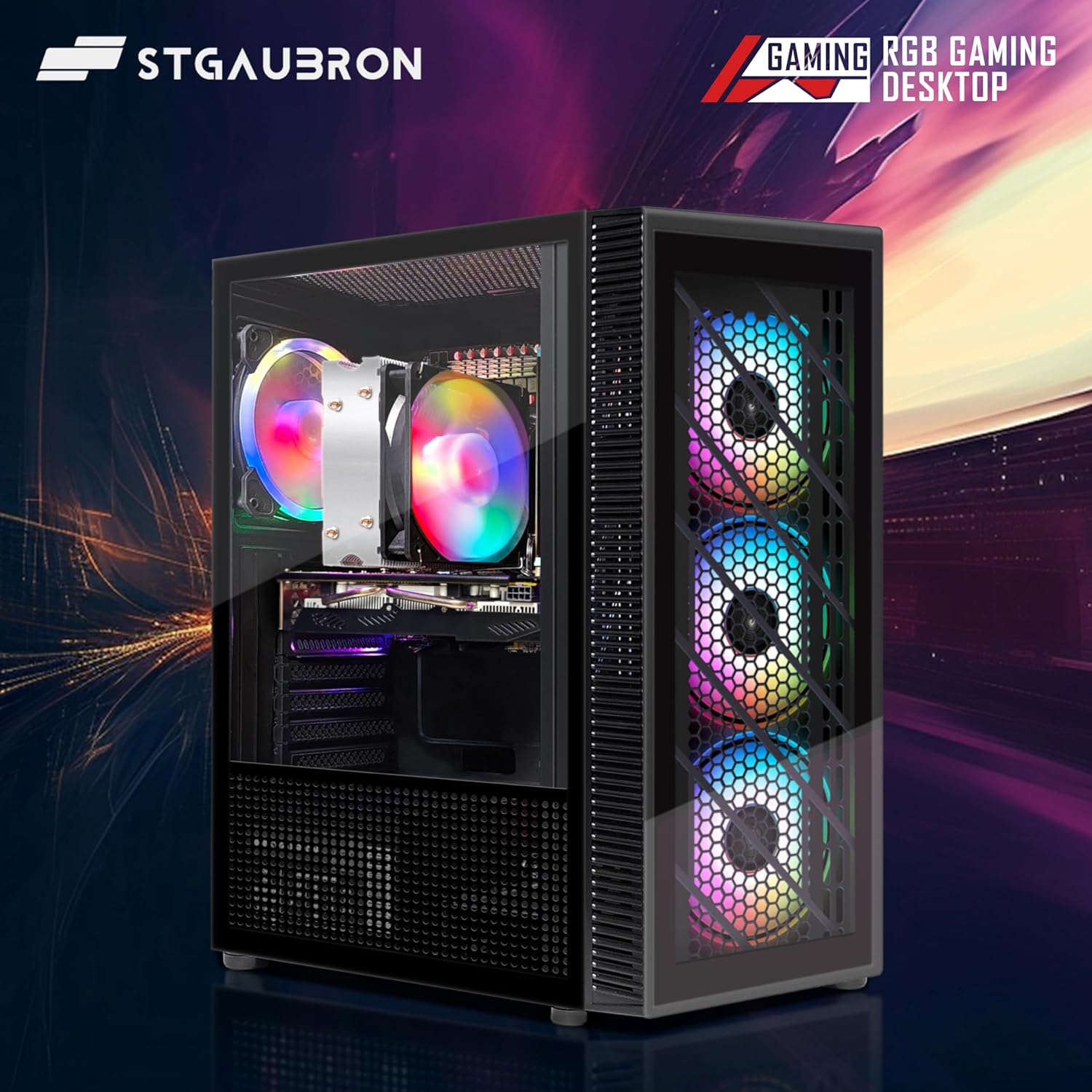 STGAubron Gaming Desktop PC, Intel Core I5 3.3Ghz up to 3.7Ghz, AMD Radeon RX 550 4G GDDR5, 16G Ram, 512G SSD, WiFi, BT 5.0, RGB Fan x 3, RGB Keybaord  Mouse, RGB Mouse Pad, W10H64