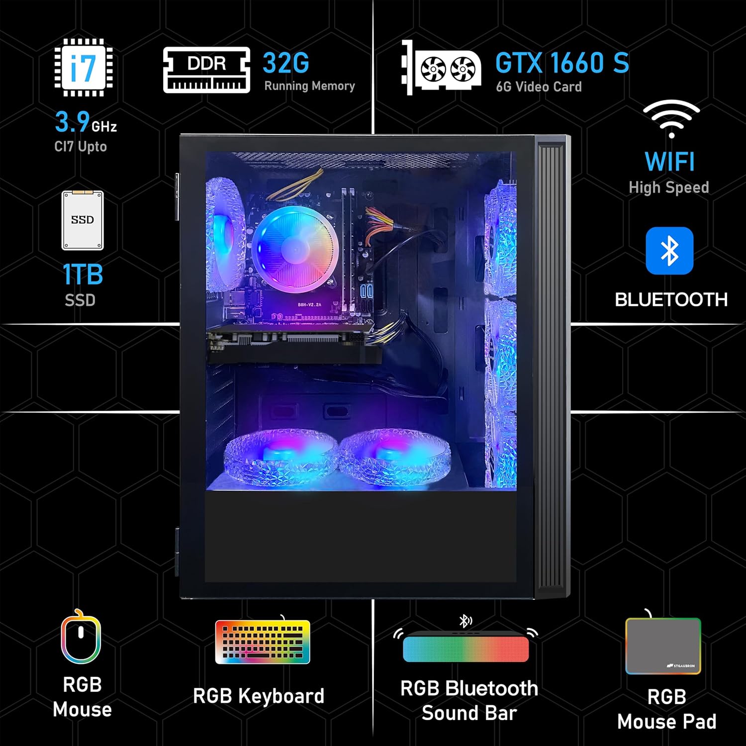 STGAubron Gaming Desktop PC, Intel Core i7 3.4G up to 3.9G, 32G RAM, 1T SSD, GeForce GTX 1660 Super 6G GDDR6, 600M WiFi, BT 5.0, RGB Fan x 6, RGB KeyboardMouseMouse Pad, RGB BT Sound Bar, W10H64