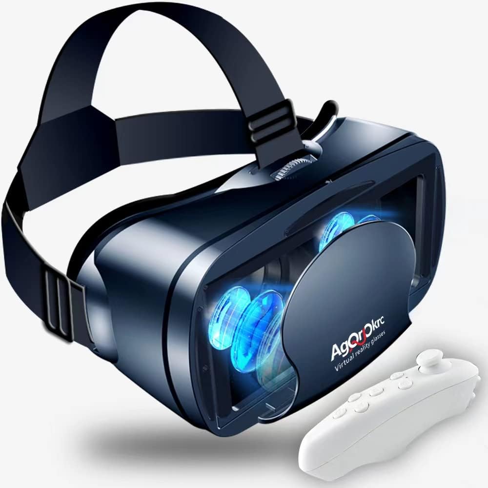 VR Headset with Controller Adjustable 3D VR Glasses Virtual Reality Headset HD Blu-ray Eye Protected Support 5~7 Inch for Phone/Android (VR-Black1)